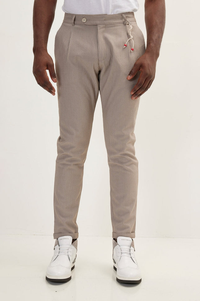 Men's Lightweight Striped Casual Pants - Brown | Ron Tomson
