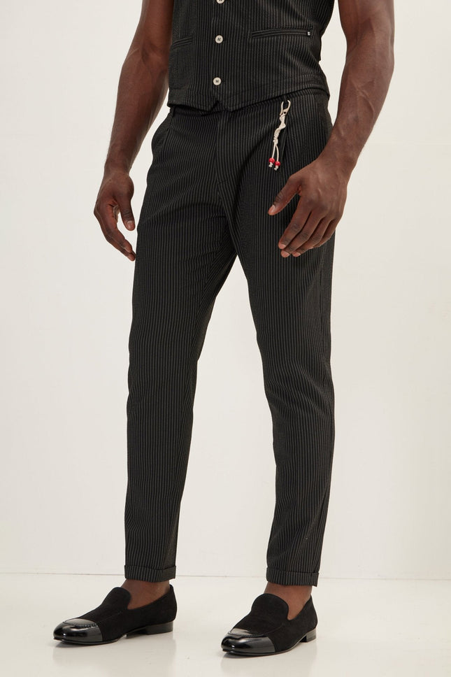 Men's Lightweight Pinstripe Casual Pants - Black | Ron Tomson