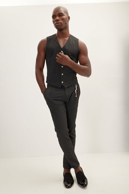 Men's Lightweight Pinstripe Casual Pants - Black | Ron Tomson