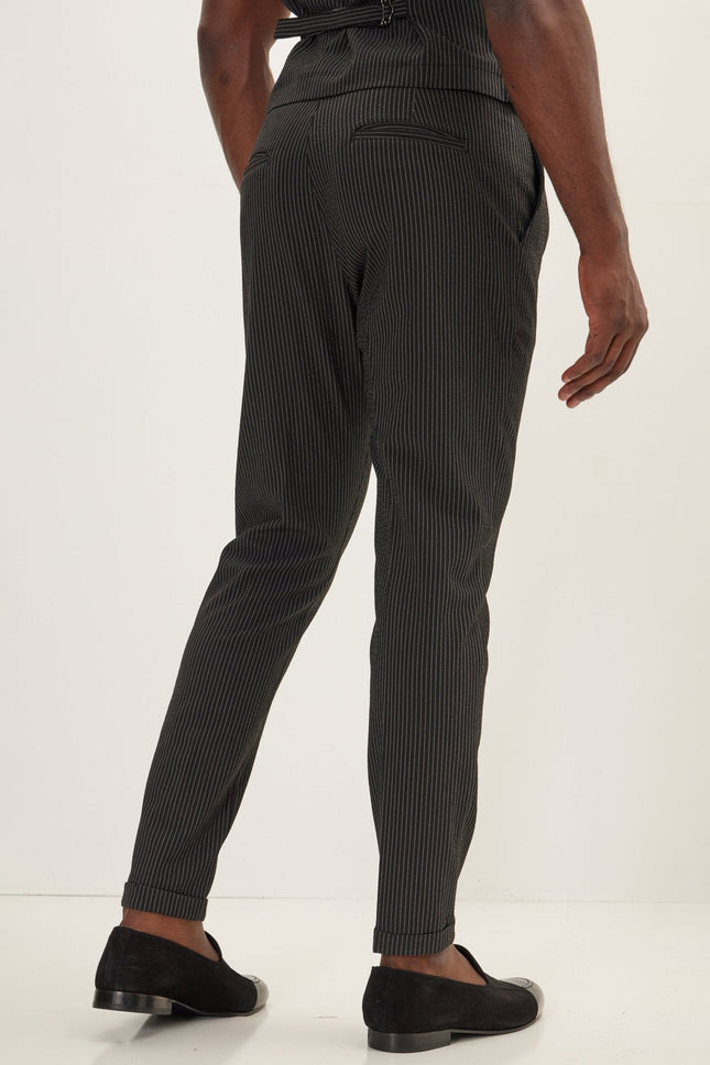 Men's Lightweight Pinstripe Casual Pants - Black | Ron Tomson