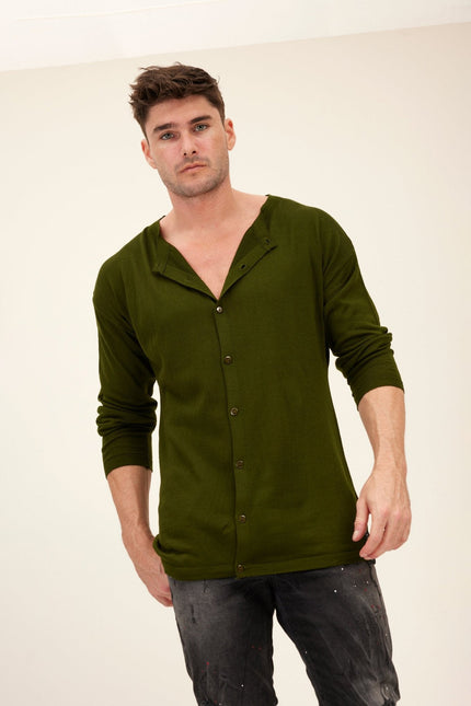 Men's Lightweight Knit Cardigan - Khaki | Ron Tomson
