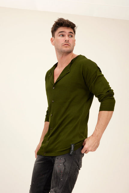 Men's Lightweight Knit Cardigan - Khaki | Ron Tomson