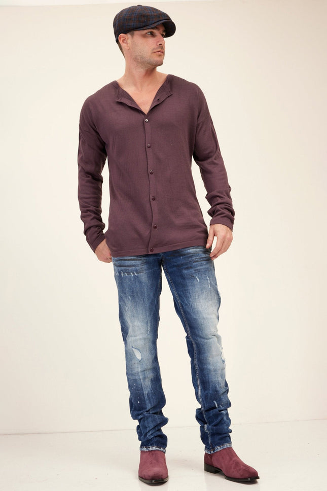 Men's Lightweight Knit Cardigan - Plum | Ron Tomson