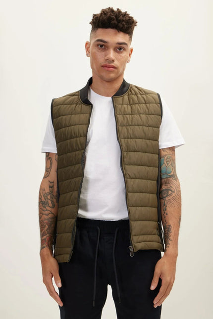 Men's Quilted Puffer Vest - Khaki | Ron Tomson