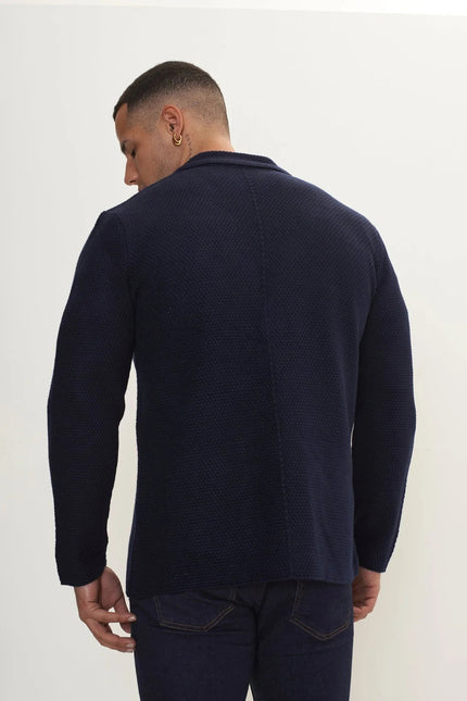 Men's Wool Waffle Knit Cardigan - Navy | Ron Tomson