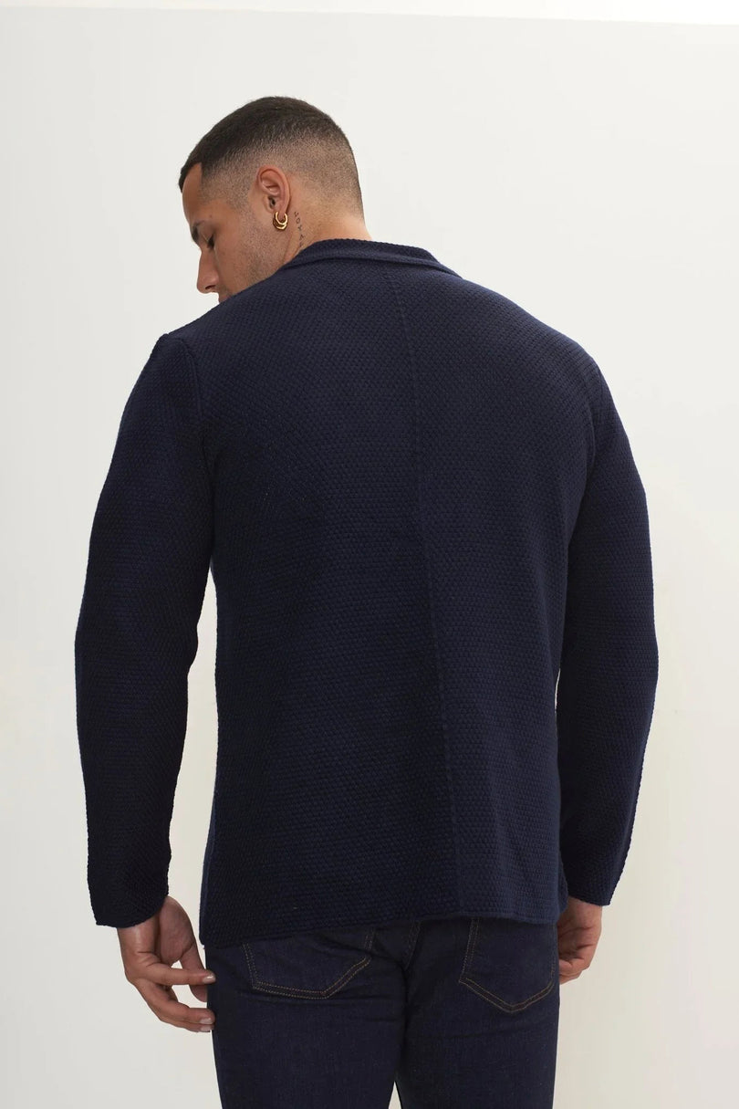 Men's Wool Waffle Knit Cardigan - Navy | Ron Tomson
