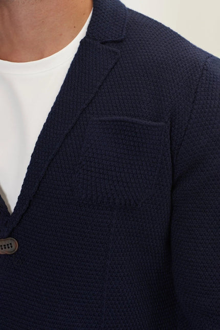 Men's Wool Waffle Knit Cardigan - Navy | Ron Tomson