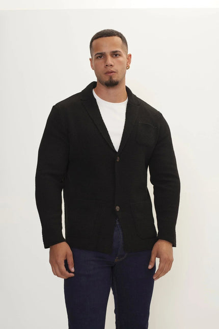 Men's Wool Waffle Knit Cardigan - Black | Ron Tomson