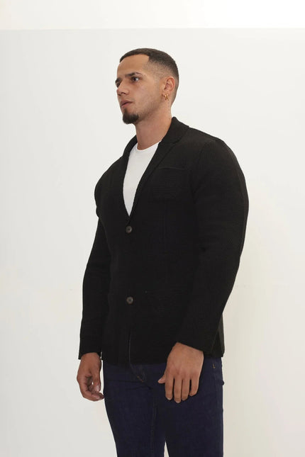Men's Wool Waffle Knit Cardigan - Black | Ron Tomson