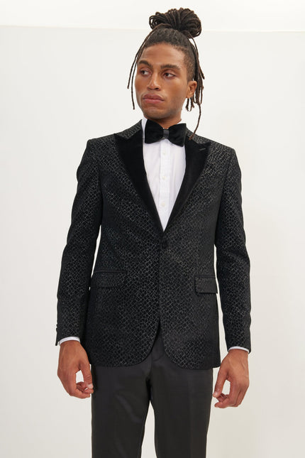 Men's Leopard Flocking Peak Lapel Tuxedo Jacket - Black | Ron Tomson