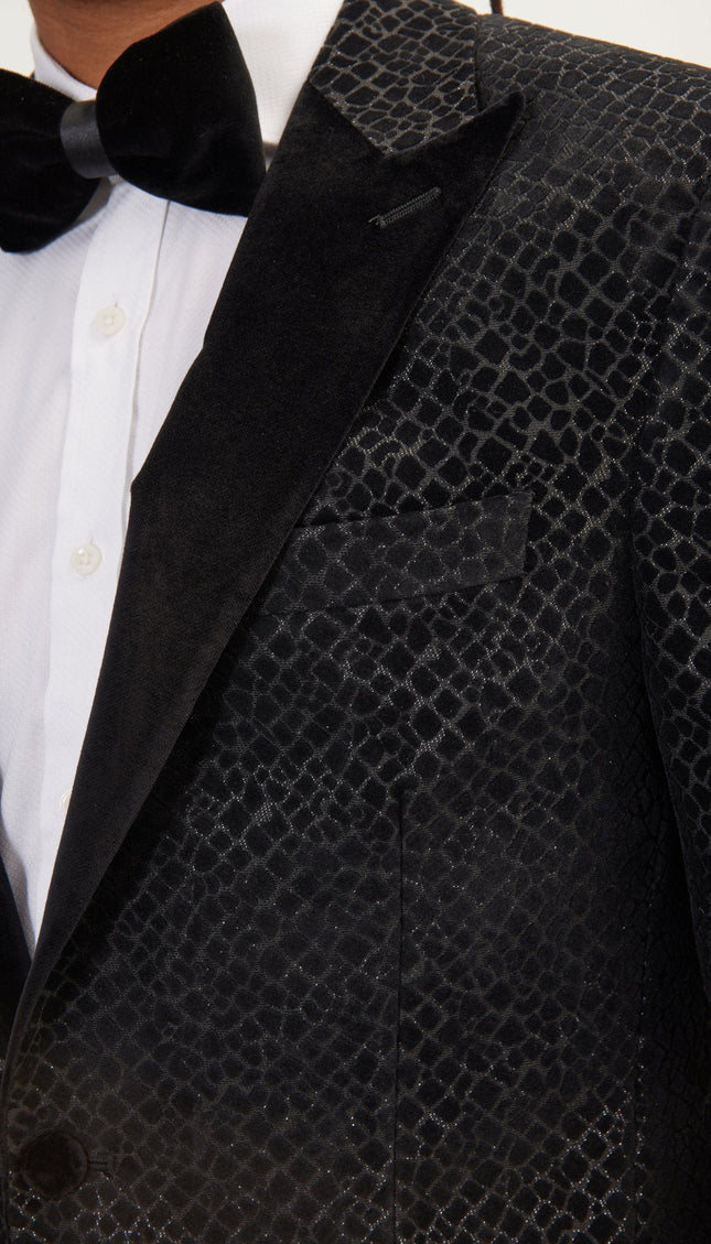 Leopard Flocking Peak Lapel Tuxedo Jacket - Black