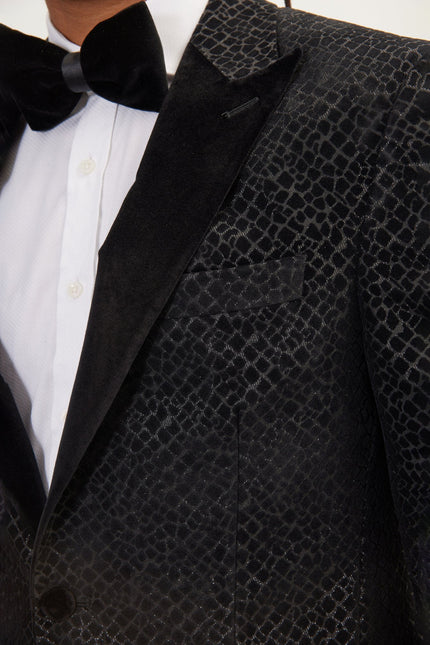 Men's Leopard Flocking Peak Lapel Tuxedo Jacket - Black | Ron Tomson