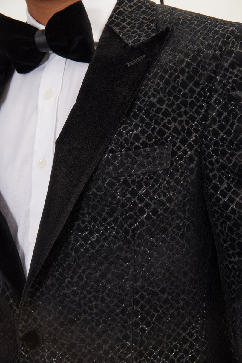 Men's Leopard Flocking Peak Lapel Tuxedo Jacket - Black | Ron Tomson