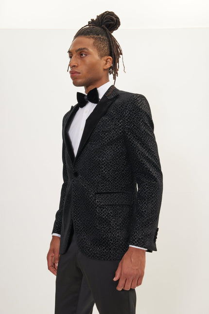 Men's Leopard Flocking Peak Lapel Tuxedo Jacket - Black | Ron Tomson