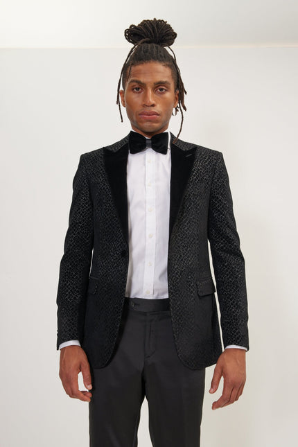 Men's Leopard Flocking Peak Lapel Tuxedo Jacket - Black | Ron Tomson