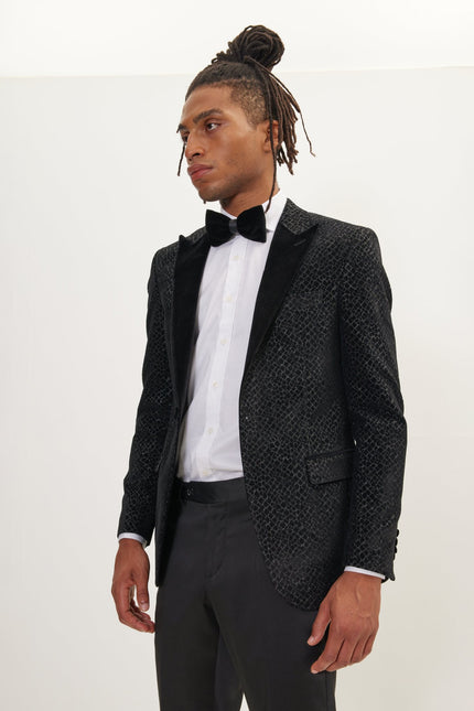 Men's Leopard Flocking Peak Lapel Tuxedo Jacket - Black | Ron Tomson