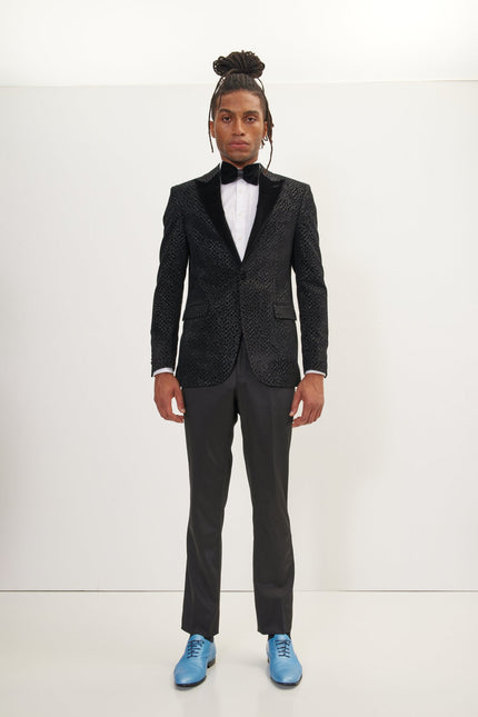 Men's Leopard Flocking Peak Lapel Tuxedo Jacket - Black | Ron Tomson