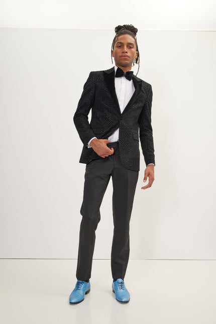 Men's Leopard Flocking Peak Lapel Tuxedo Jacket - Black | Ron Tomson