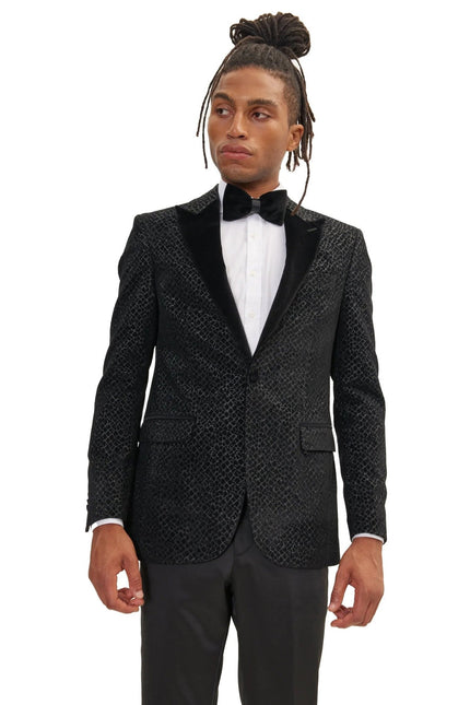 Men's Leopard Flocking Peak Lapel Tuxedo Jacket - Black | Ron Tomson