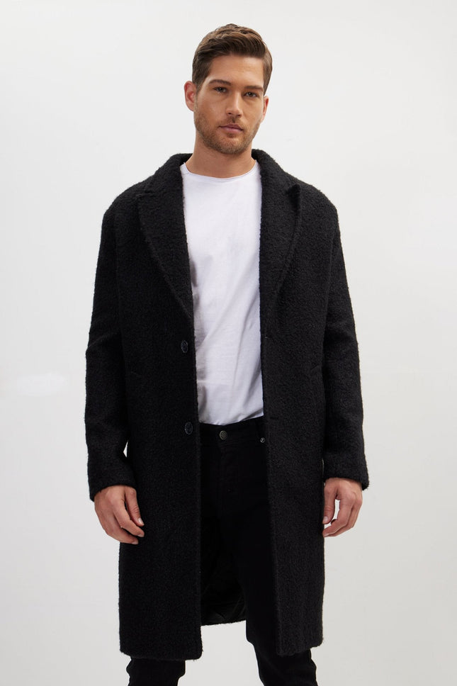 Men's Fitted Double-Breasted Long Peacoat - Black | Ron Tomson