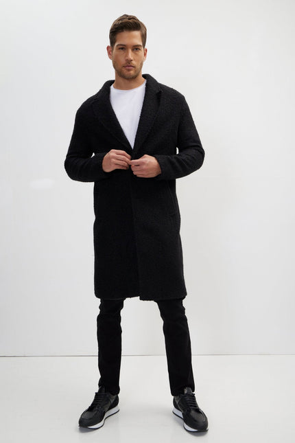 Men's Fitted Double-Breasted Long Peacoat - Black | Ron Tomson