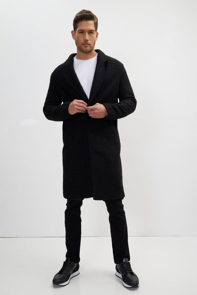 Men's Fitted Double-Breasted Long Peacoat - Black | Ron Tomson