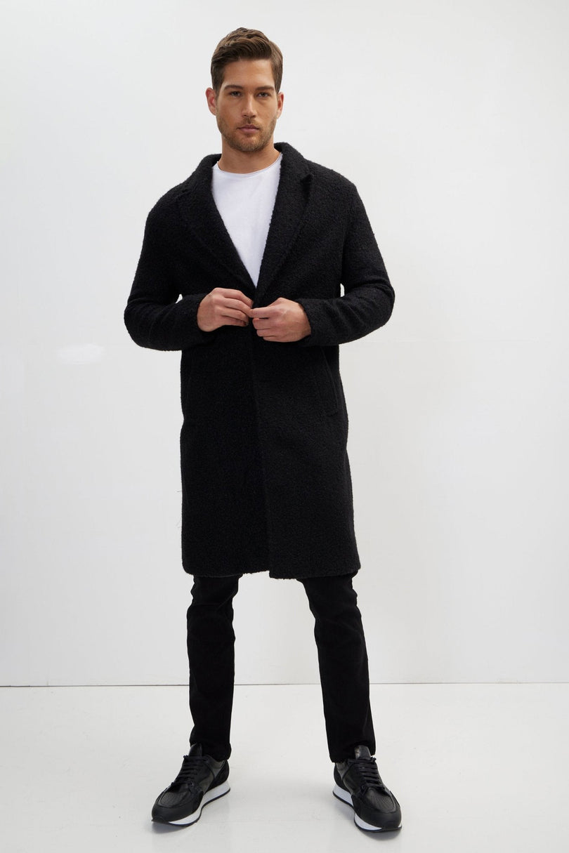 Men's Fitted Double-Breasted Long Peacoat - Black | Ron Tomson