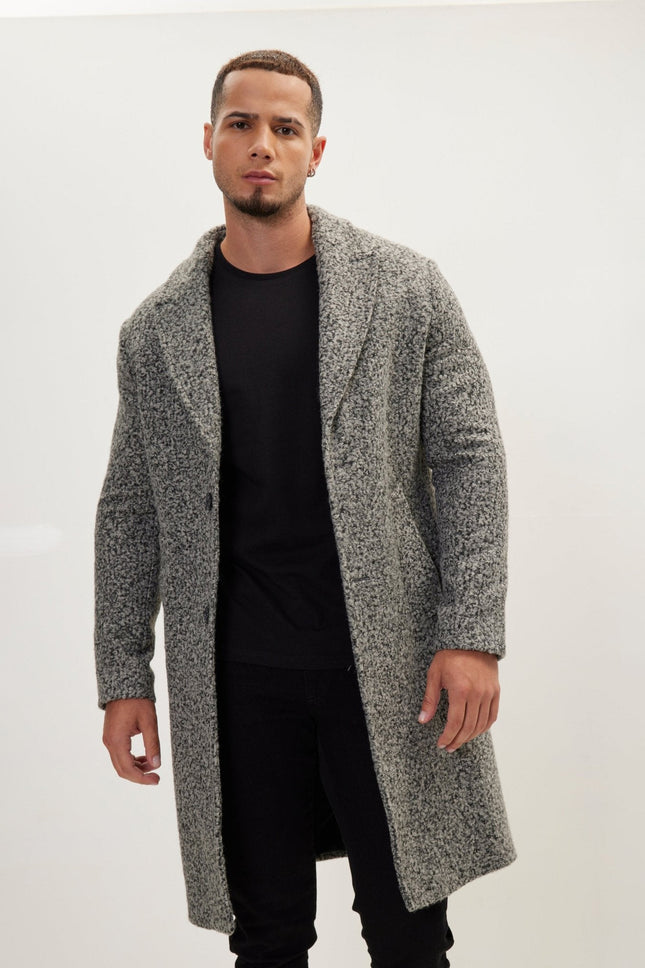 Men's Long Fitted Boucle Peacoat - Anthracite | Ron Tomson