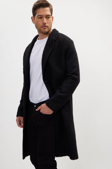Men's Fitted Double-Breasted Long Peacoat - Black | Ron Tomson