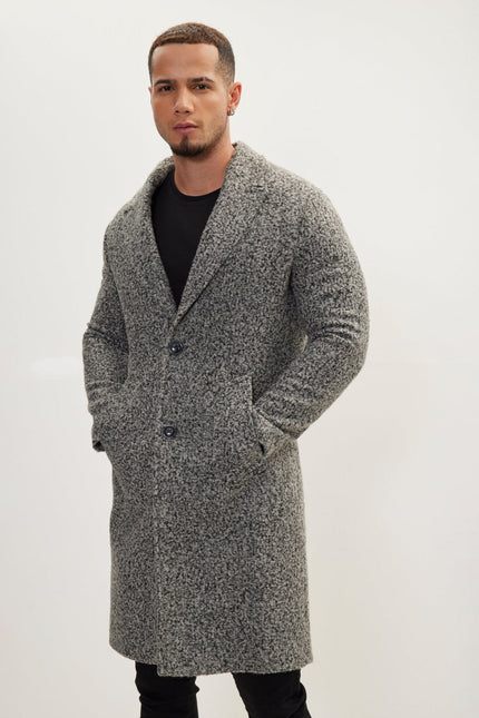 Men's Long Fitted Boucle Peacoat - Anthracite | Ron Tomson