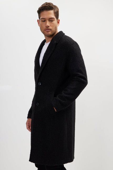 Men's Fitted Double-Breasted Long Peacoat - Black | Ron Tomson