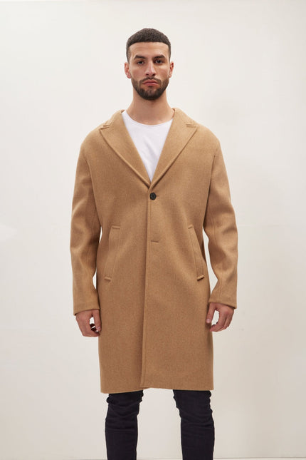 Men's Fitted Notch Lapel Overcoat - Camel | Ron Tomson
