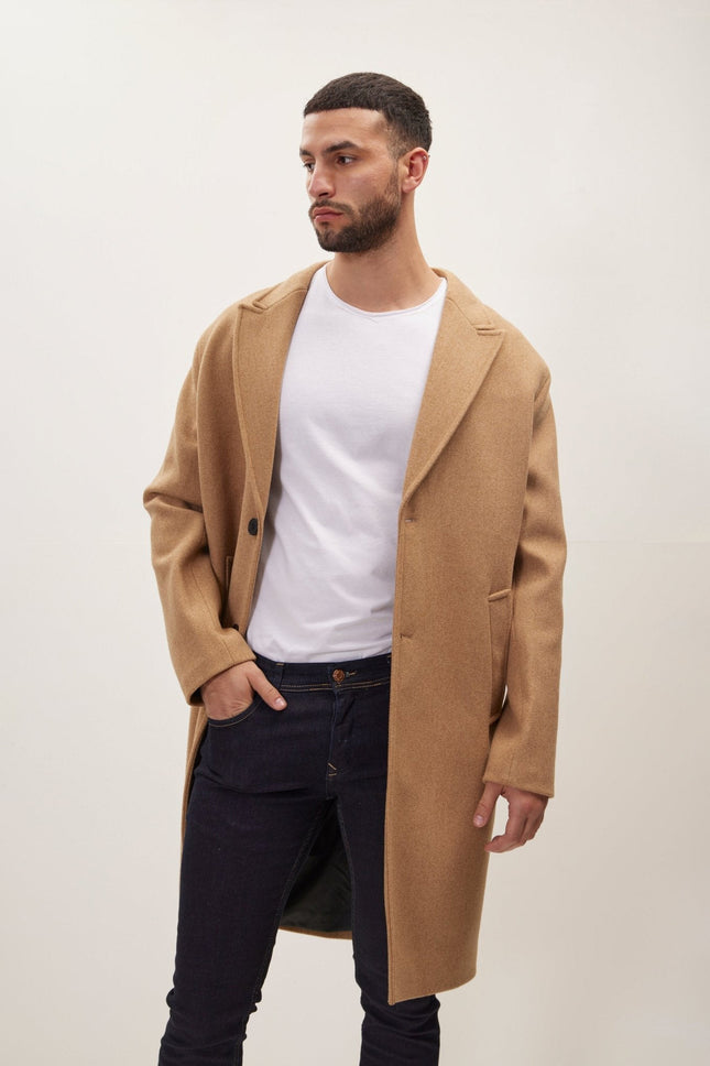 Men's Fitted Notch Lapel Overcoat - Camel | Ron Tomson