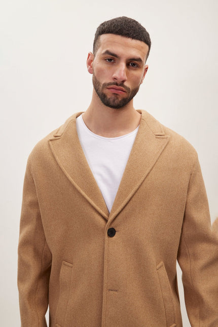 Men's Fitted Notch Lapel Overcoat - Camel | Ron Tomson