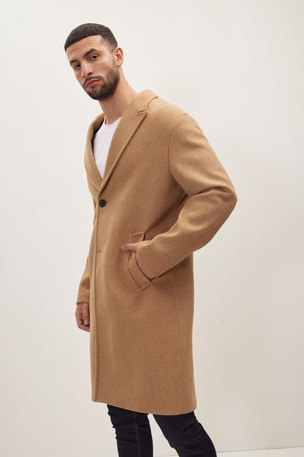 Men's Fitted Notch Lapel Overcoat - Camel | Ron Tomson