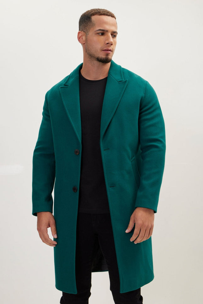 Men's Fitted Single-Breasted Notch Lapel Peacoat - Dark Green | Ron Tomson