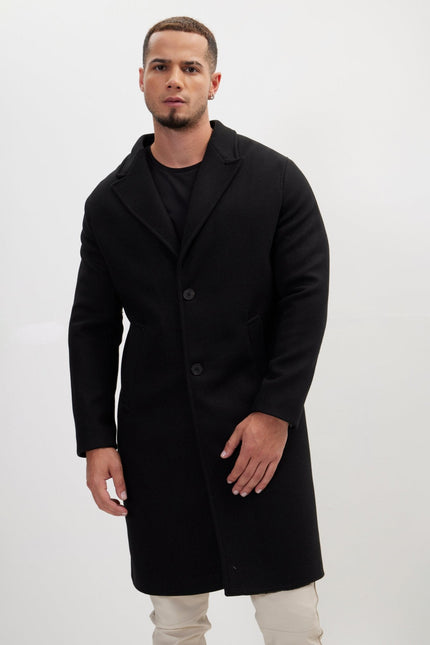 Men's Long Fitted Notch Lapel Overcoat - Black | Ron Tomson