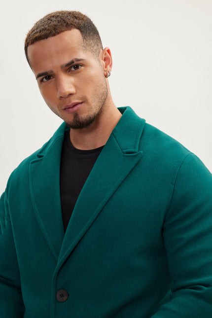 Men's Fitted Single-Breasted Notch Lapel Peacoat - Dark Green | Ron Tomson
