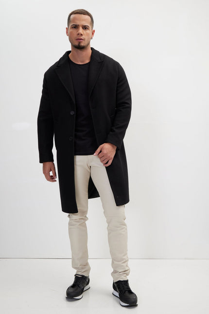 Men's Long Fitted Notch Lapel Overcoat - Black | Ron Tomson