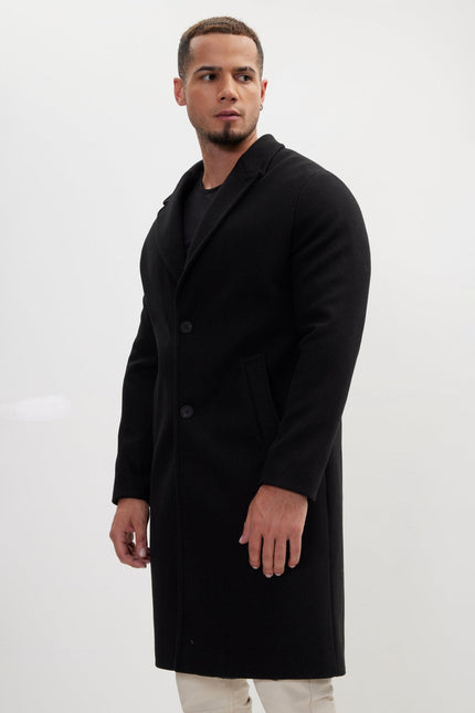 Men's Long Fitted Notch Lapel Overcoat - Black | Ron Tomson
