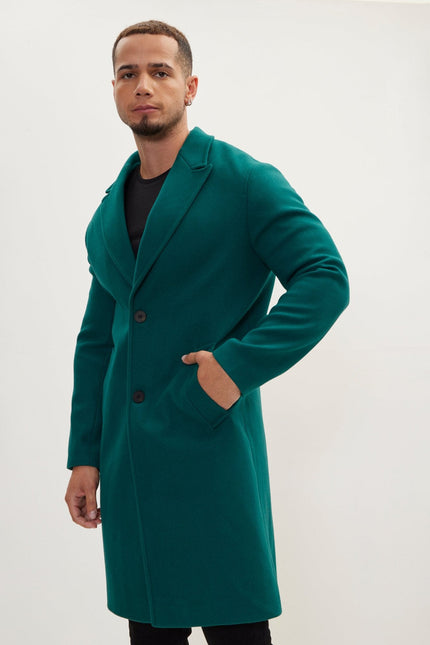Men's Fitted Single-Breasted Notch Lapel Peacoat - Dark Green | Ron Tomson