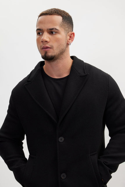 Men's Long Fitted Notch Lapel Overcoat - Black | Ron Tomson