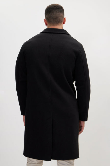 Men's Long Fitted Notch Lapel Overcoat - Black | Ron Tomson