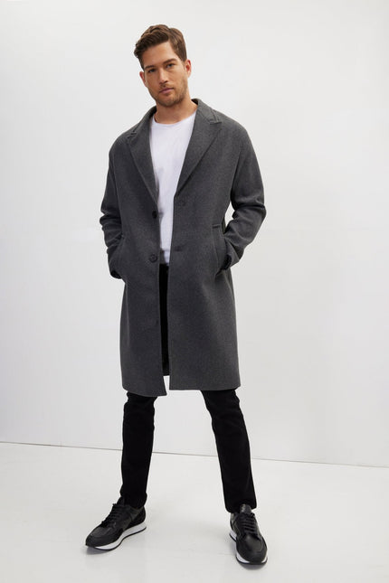 Men's Long-Fitted Notch Lapel Peacoat - Anthracite | Ron Tomson