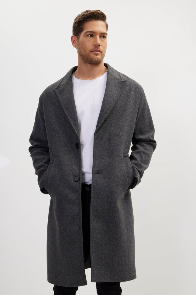 Men's Long-Fitted Notch Lapel Peacoat - Anthracite | Ron Tomson