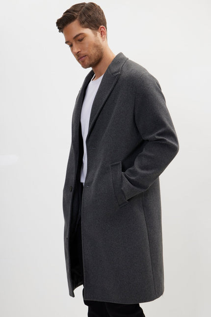 Men's Long-Fitted Notch Lapel Peacoat - Anthracite | Ron Tomson