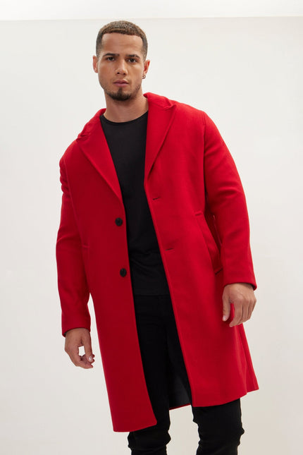 Men's Long Notch Lapel Peacoat - Red | Ron Tomson
