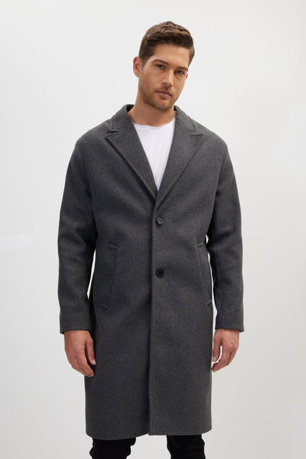 Men's Long-Fitted Notch Lapel Peacoat - Anthracite | Ron Tomson