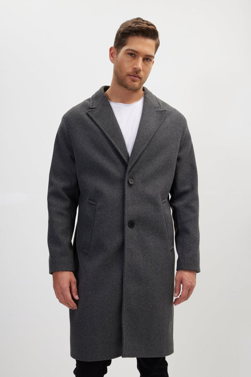 Men's Long-Fitted Notch Lapel Peacoat - Anthracite | Ron Tomson