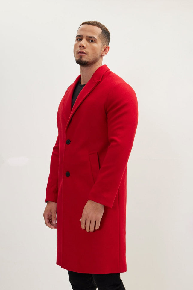 Men's Long Notch Lapel Peacoat - Red | Ron Tomson